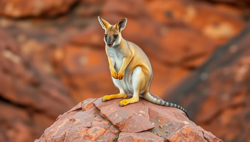 Yellow-footed rock wallaby on rocky outcrop in Brachina Gorge, Flinders Ranges National Park
