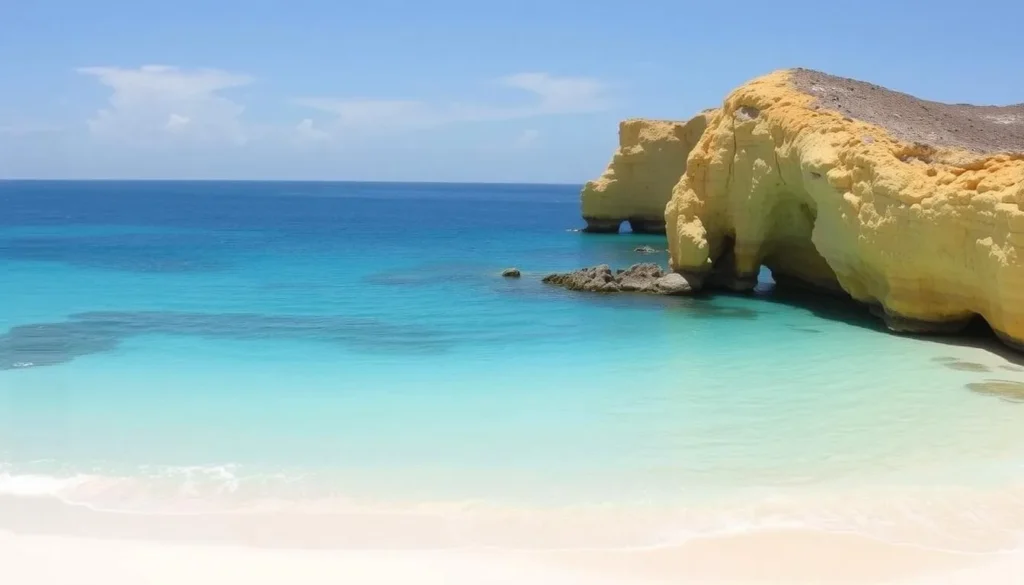 Yellowstone Beach on Isla Monserrate with its distinctive yellow cliffs and white sand