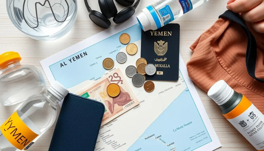 Yemeni currency (Rial) and travel essentials for Al Mukalla