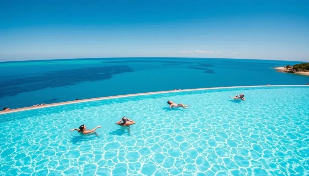 Yeppoon Lagoon infinity pool with people enjoying the water on a sunny day with ocean views Yeppoon Lagoon infinity pool with people enjoying the water on a sunny day with ocean views