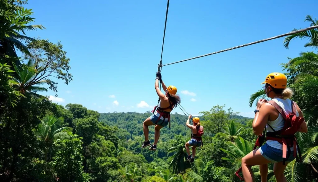 Zip-lining adventure through the lush jungle canopy in Quintana Roo, Mexico