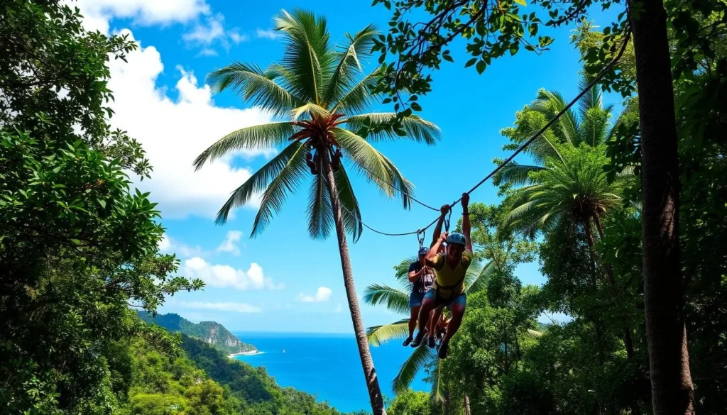 Zip-lining through the lush canopy in Roatán, Bay Islands Honduras with ocean views in the background