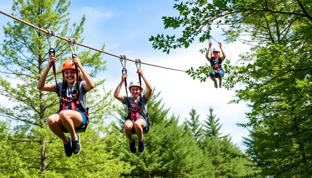 Zipline adventure at Blue Mountain Resort with participants flying through the forest canopy