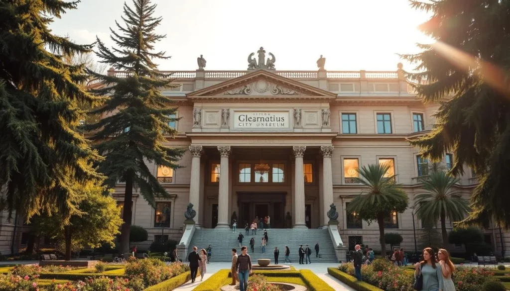 a grand, imposing city museum with an ornate, neo-classical facade, surrounded by a lush garden landscape with towering trees and blooming flowers. The museum's entrance is flanked by massive stone columns and ornate sculptures, inviting visitors to step inside and explore the rich history and culture of the city. Warm, natural sunlight filters through the windows, casting a soft, inviting glow throughout the interior, which is filled with intricate architectural details, ornate chandeliers, and impressive displays showcasing the city's past. Visitors can be seen milling about, taking in the captivating exhibits and immersing themselves in the city's vibrant heritage.