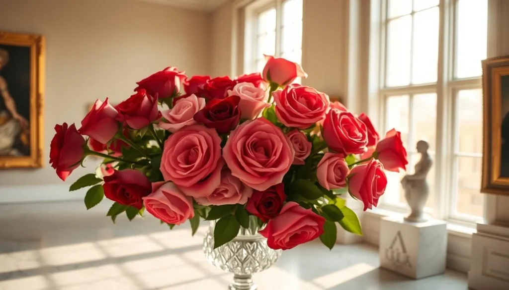 a lush, vibrant bouquet of museum roses in a sunlit gallery, with soft, muted natural lighting filtering through large windows, casting a warm, inviting glow on the delicate petals; the roses are displayed in an elegant crystal vase on a polished marble pedestal, their stems supported by a floral arrangement that complements the roses' hues of deep crimson, velvety burgundy, and pale blush; the gallery's walls are lined with ornate gilded frames, hinting at the cultural significance of the space; the overall atmosphere is one of refined sophistication and timeless beauty, capturing the essence of an art museum's serene and contemplative ambiance.