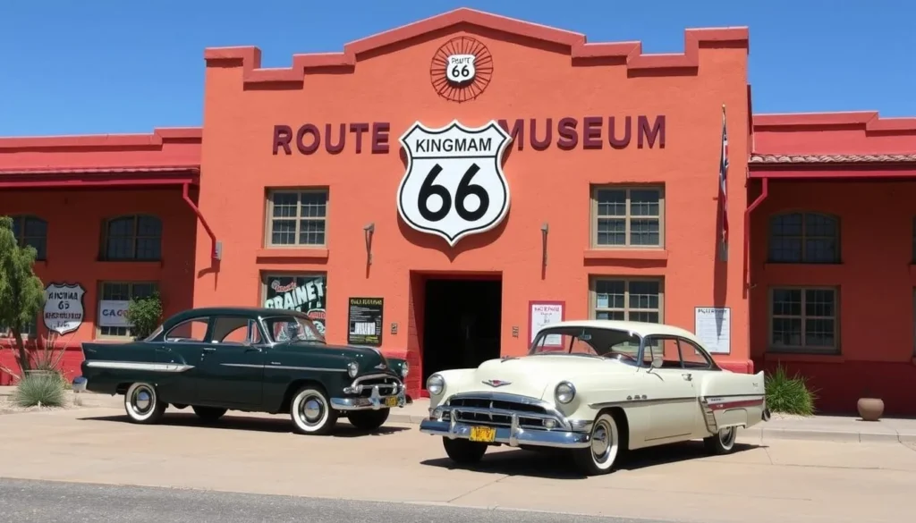 generate an image of the Kingman Arizona Route66 Museum's exterior with a vintage car in front