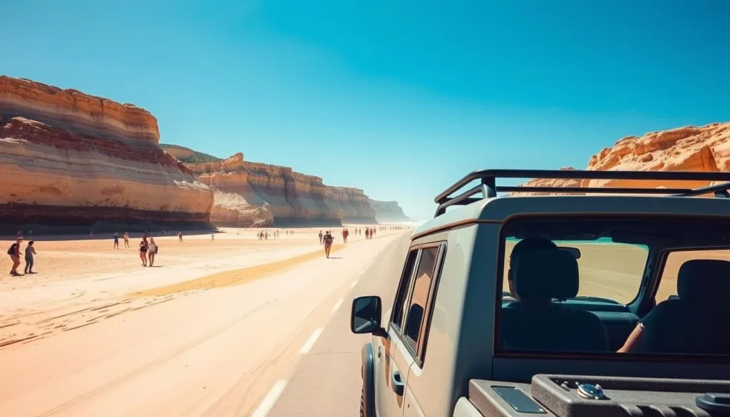 4WD vehicle driving along Rainbow Beach with colorful sand cliffs in background