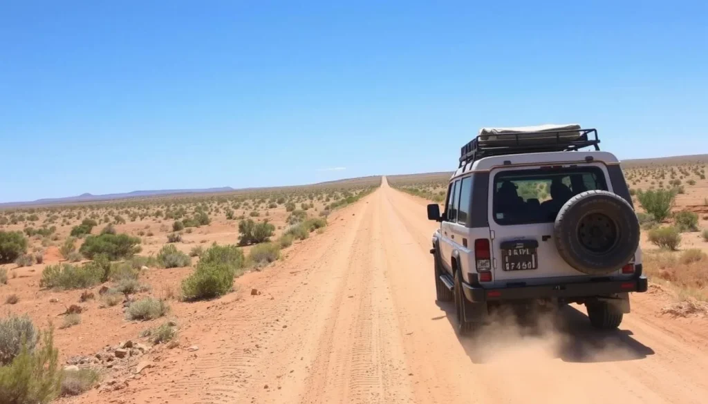 4WD vehicle driving along the Oodnadatta Track with dust trail behind it