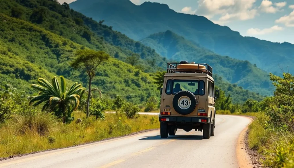 4WD vehicle navigating the roads near Rwenzori Mountains National Park with mountain backdrop