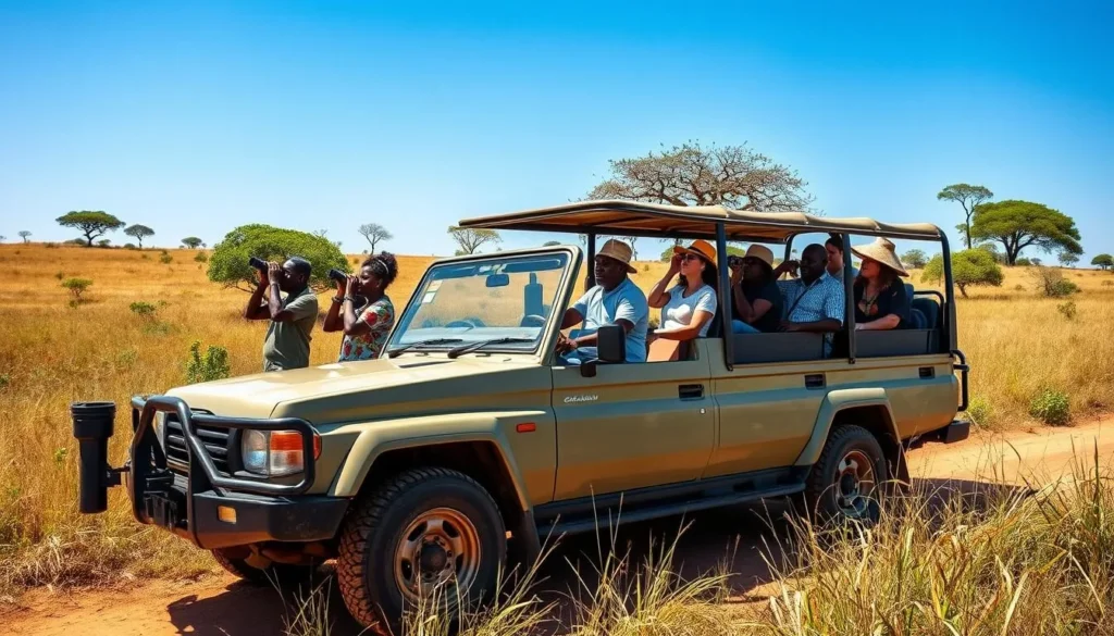 4x4 safari vehicle in Gambela National Park Ethiopia with diverse tourists observing wildlife
