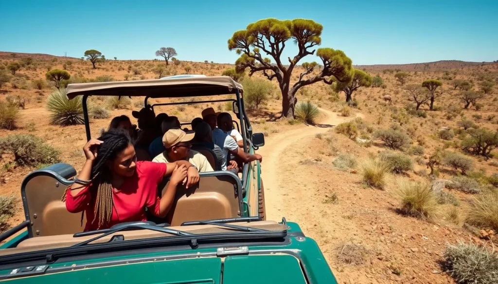 4x4 safari vehicle traversing the rugged terrain of Geraille National Park with diverse tourists onboard
