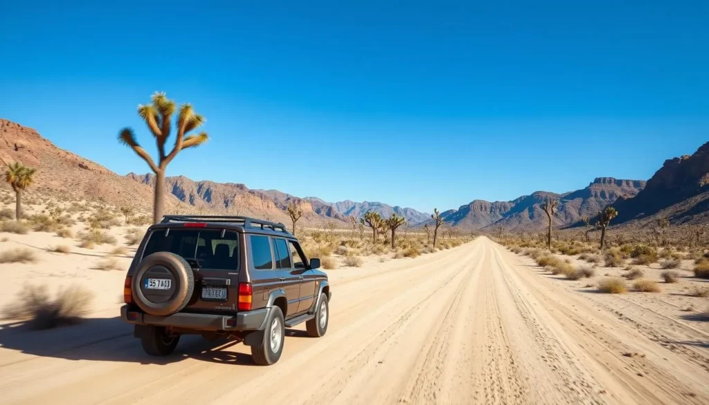 4x4 vehicle driving on a dirt road in Mojave National Preserve with desert landscape surrounding it 4x4 vehicle driving on a dirt road in Mojave National Preserve with desert landscape surrounding it