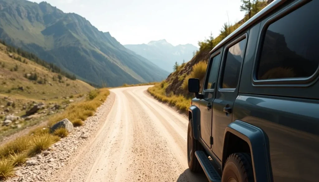 4x4 vehicle driving on a mountain road in Altai Krai with beautiful scenery