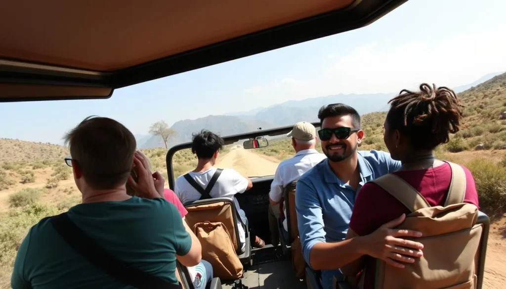 4x4 vehicle driving through Bale Mountains National Park with tourists enjoying the scenery