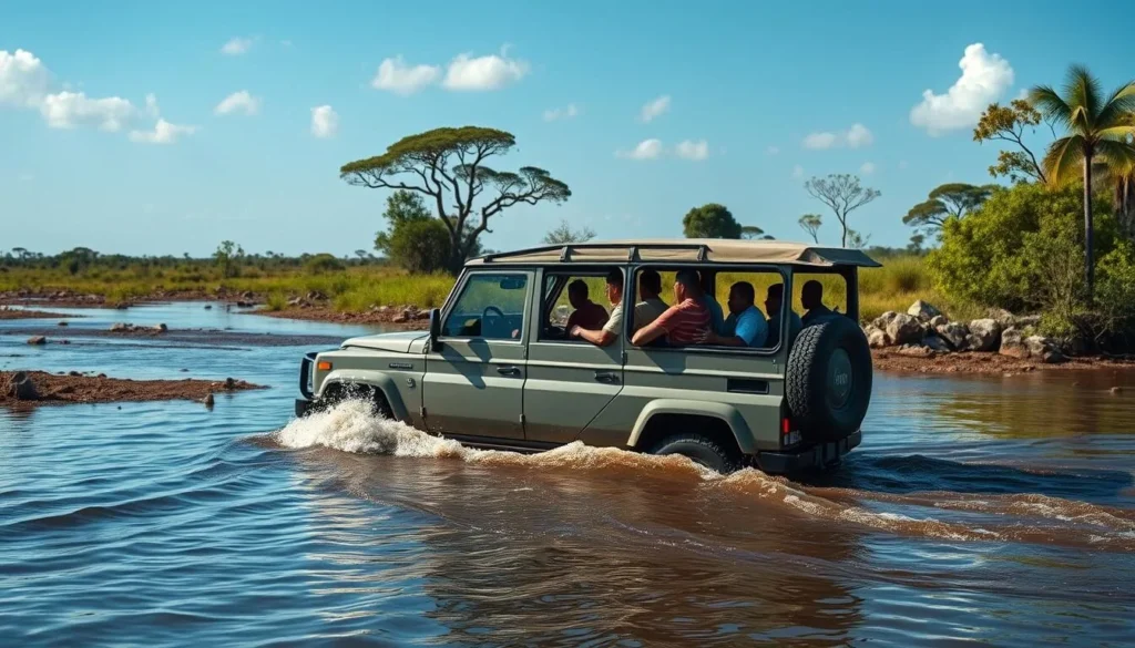 4x4 vehicle driving through a river crossing in the Rupununi Savannahs with passengers