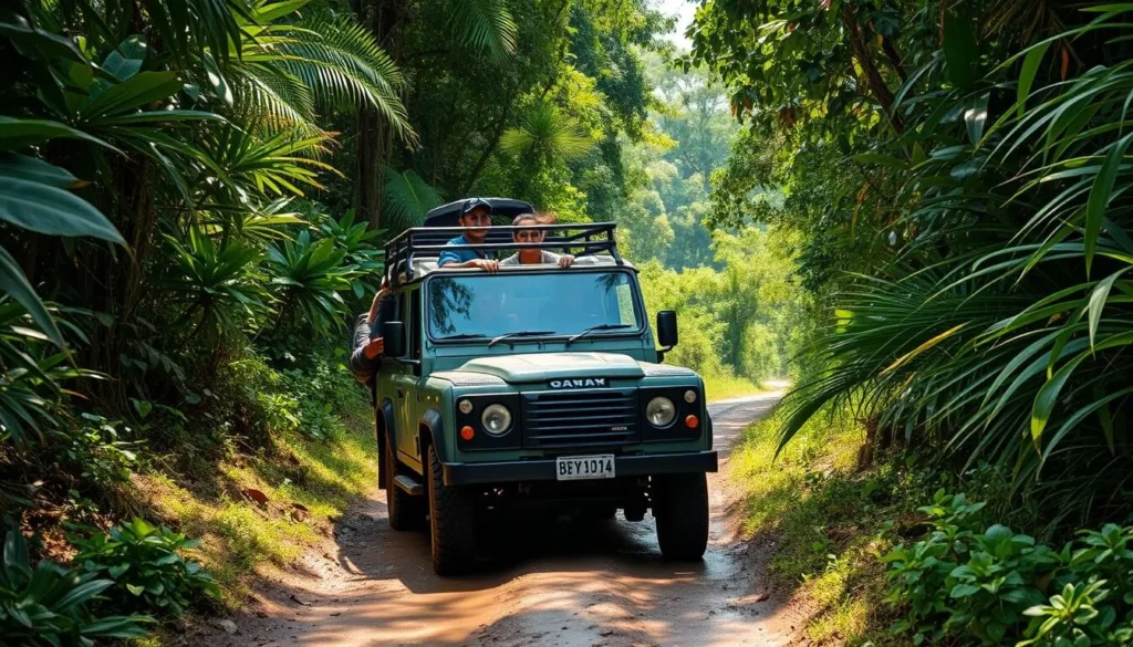 4x4 vehicle navigating a jungle road near Jonestown Lake with travelers