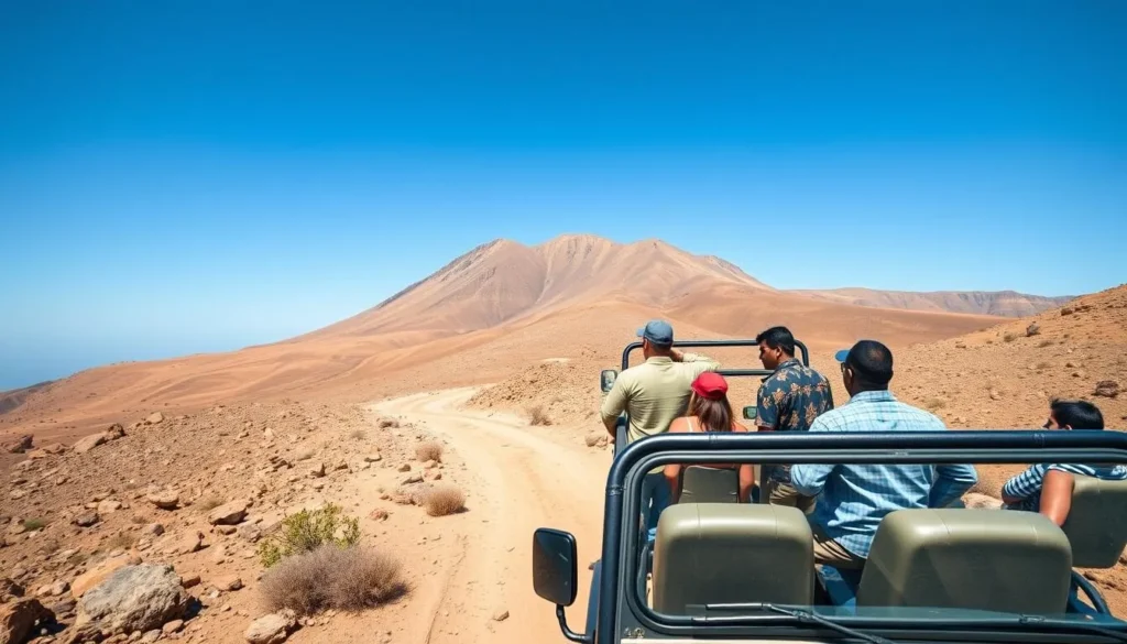 4x4 vehicle navigating the terrain of Mount Tullu Dimtu with diverse tourists and a local guide