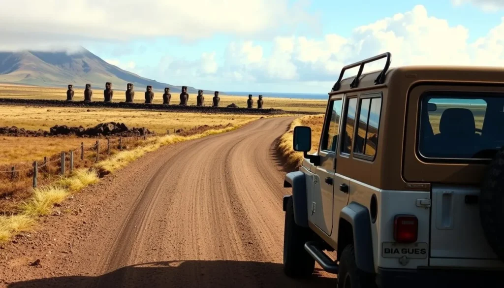 4x4 vehicle on a rural Easter Island road with moai in the distance, showing transportation options covered in this Easter Island travel guide