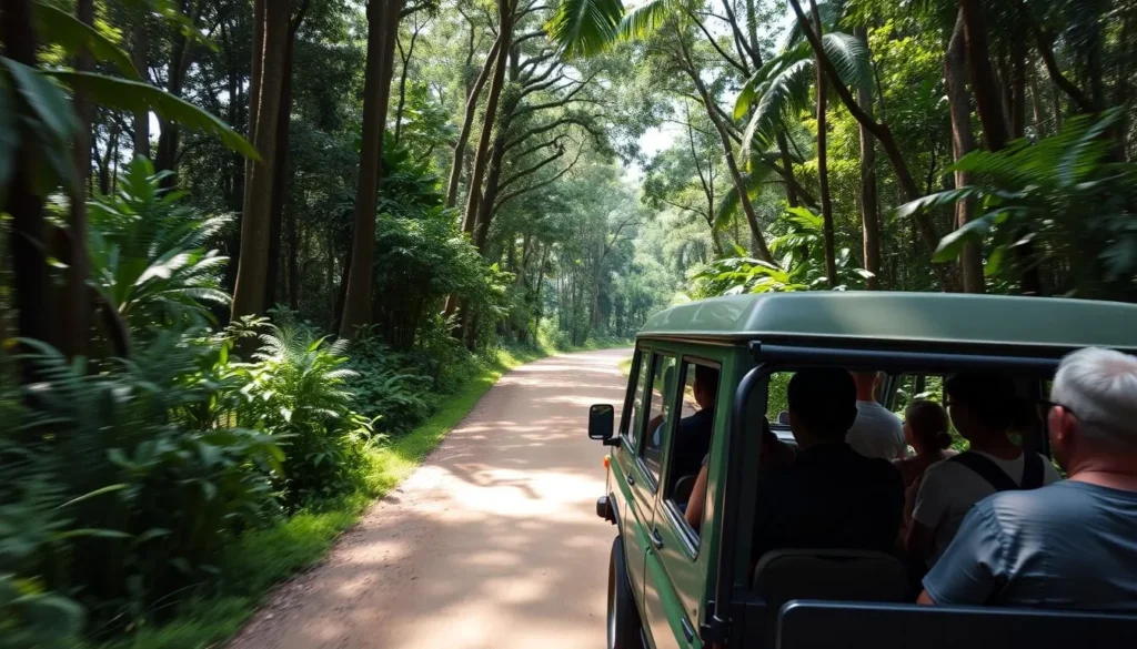 4x4 vehicle traveling on a dirt road through the rainforest with passengers looking out the windows 4x4 vehicle traveling on a dirt road through the rainforest with passengers looking out the windows