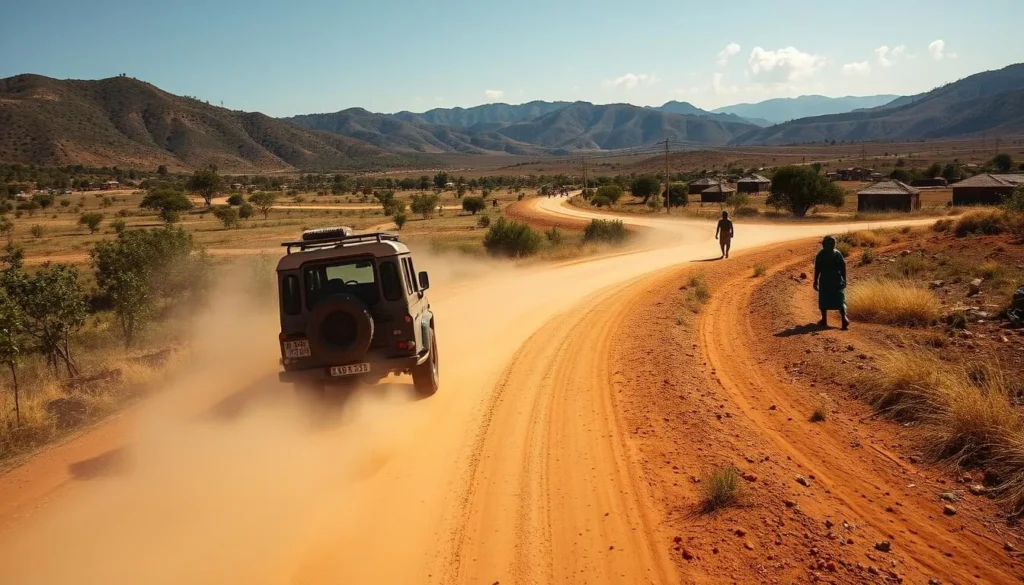 4x4 vehicle traversing a dusty road in the Omo Valley with tribal villages visible in the background