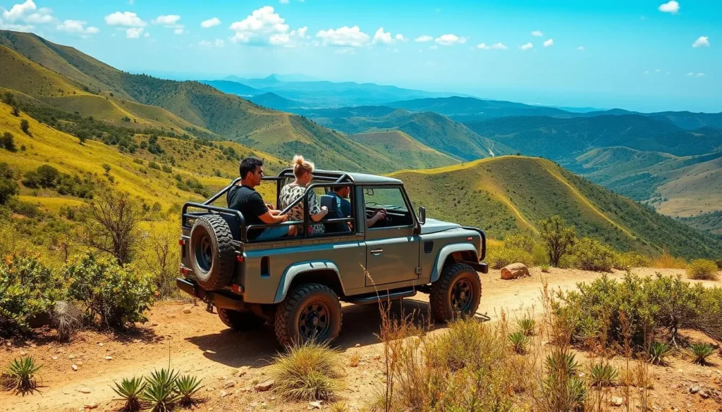 4x4 vehicle traversing a rugged trail in the Kanuku Mountains with diverse travelers 4x4 vehicle traversing a rugged trail in the Kanuku Mountains with diverse travelers