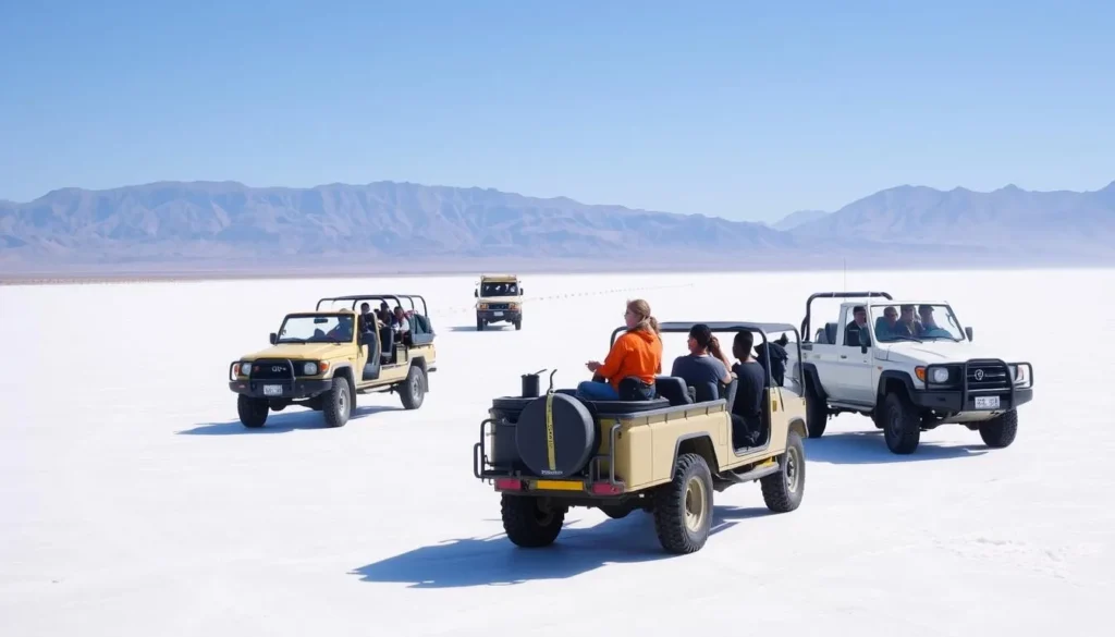 4x4 vehicles traversing the salt flats of Danakil Depression with tourists