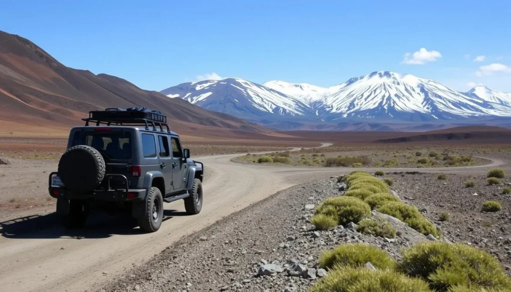 6WD truck driving through Kamchatka's rugged terrain with volcanoes in background 6WD truck driving through Kamchatka's rugged terrain with volcanoes in background