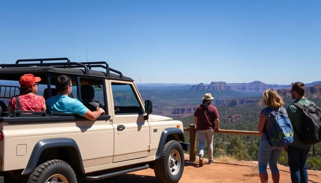 A 4x4 vehicle parked at a scenic overlook on the Kaibab Plateau with visitors enjoying the view A 4x4 vehicle parked at a scenic overlook on the Kaibab Plateau with visitors enjoying the view