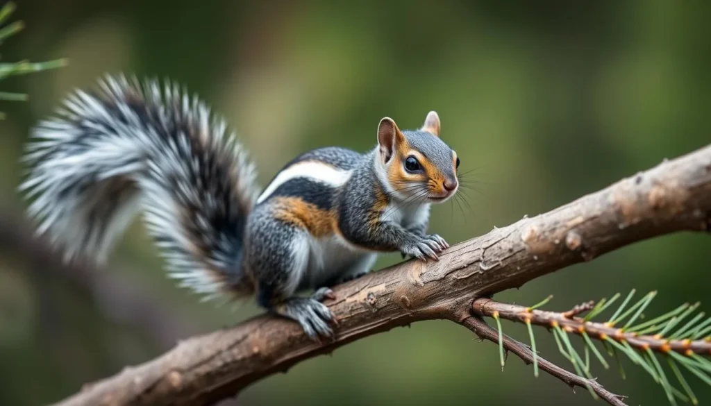 A Kaibab squirrel with its distinctive white tail perched on a pine branch A Kaibab squirrel with its distinctive white tail perched on a pine branch
