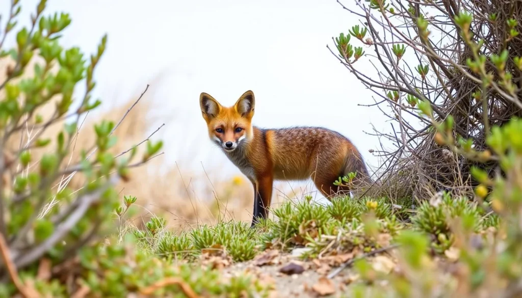 A San Clemente Island fox, an endemic species, observing visitors from a safe distance in its natural habitat