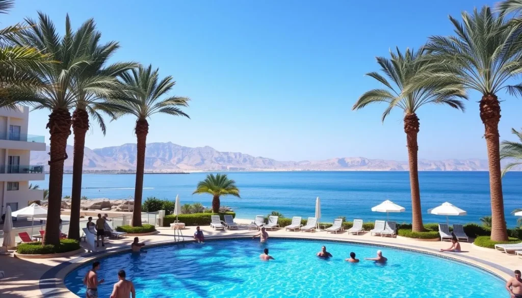 A beachfront hotel in Dahab with swimming pool overlooking the Red Sea and mountains