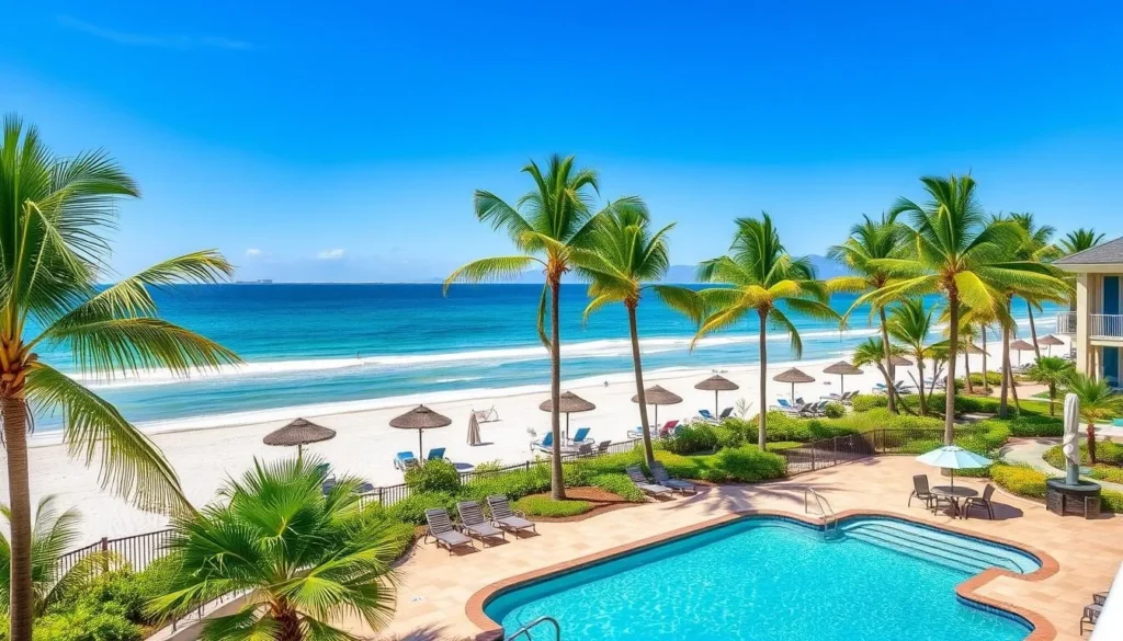 A beachfront resort near Lovers Key State Park with palm trees and ocean view