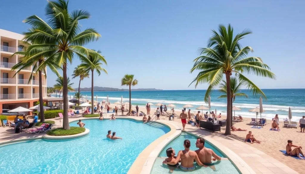 A beautiful beachfront hotel in Mazatlan's Golden Zone with palm trees and ocean view A beautiful beachfront hotel in Mazatlan's Golden Zone with palm trees and ocean view