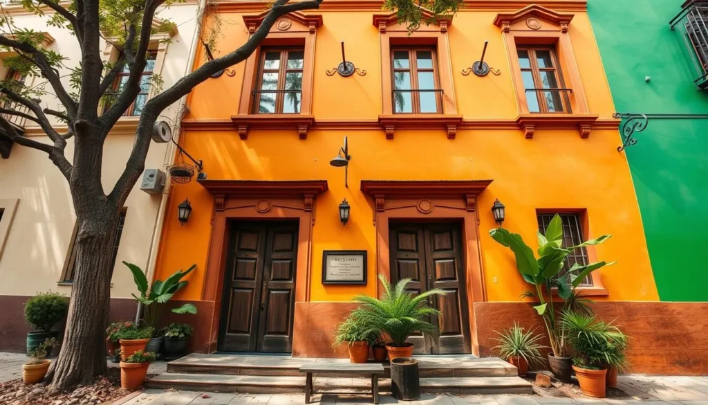 A boutique hotel in Guanajuato with traditional colonial architecture and colorful facade
