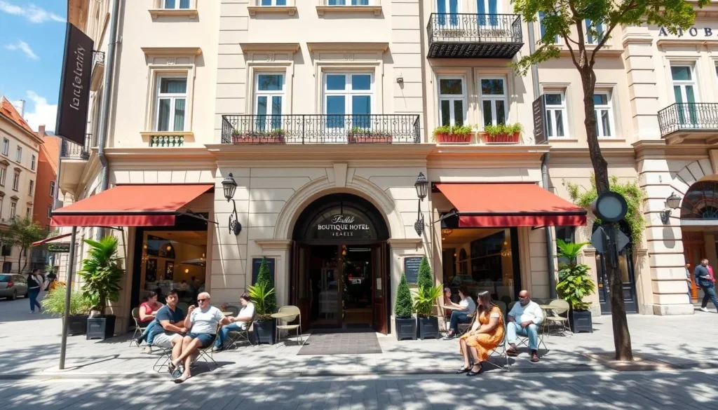 A boutique hotel in Zagreb with elegant facade and outdoor seating area where diverse tourists are relaxing