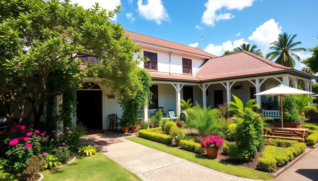 A charming boutique hotel in Mandeville with colonial architecture and beautiful gardens