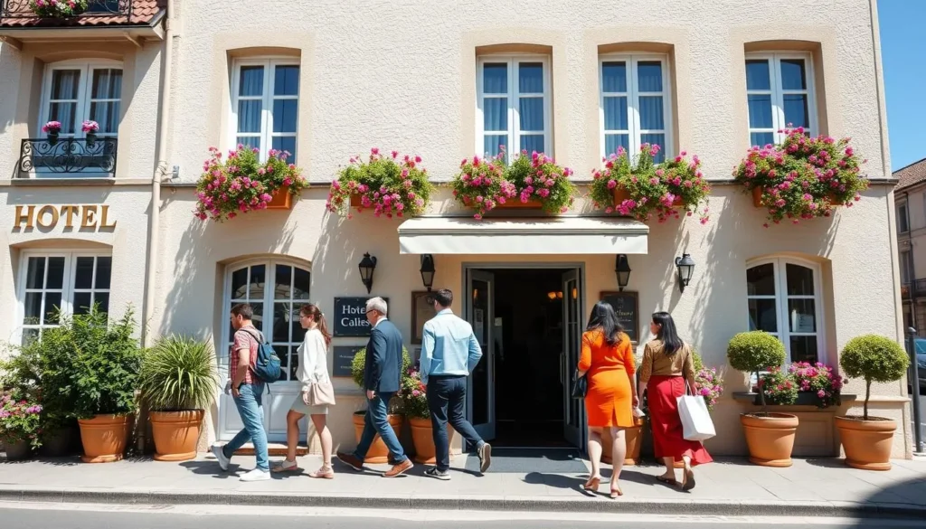 A charming hotel in Calais with traditional French architecture and flowering plants decorating the entrance