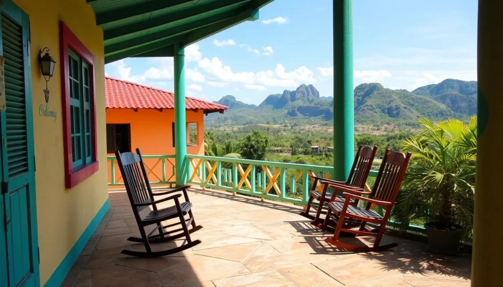 A colorful casa particular (local homestay) in Vinales with a porch and rocking chairs overlooking the valley