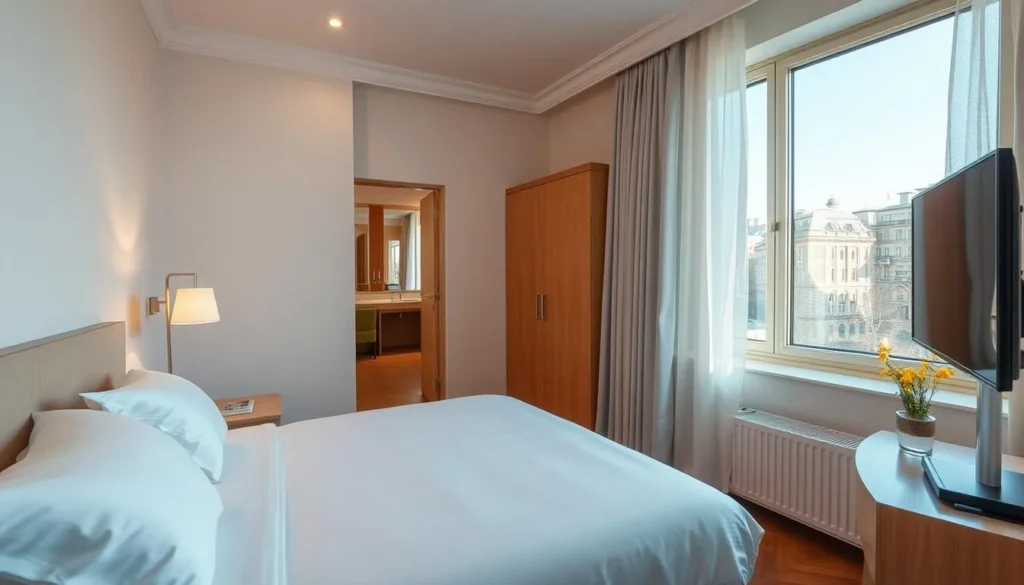 A comfortable hotel room in Bryansk with modern amenities and traditional Russian design elements A comfortable hotel room in Bryansk with modern amenities and traditional Russian design elements