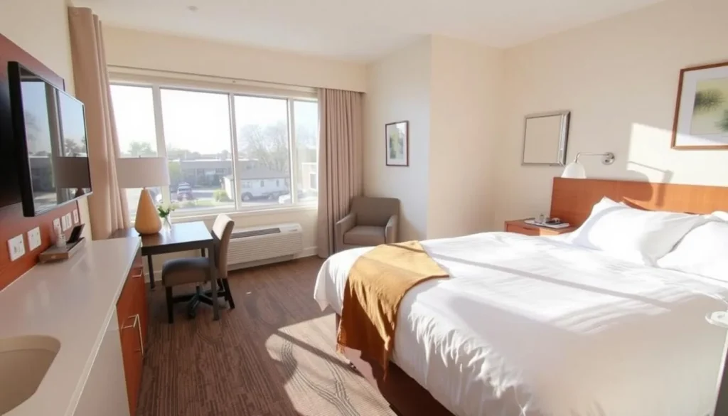 A comfortable hotel room in Norristown with modern amenities and warm decor A comfortable hotel room in Norristown with modern amenities and warm decor