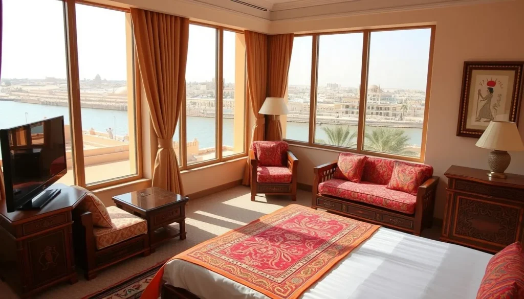 A comfortable hotel room with Nile River views in Kom Ombo area, showing traditional Egyptian decor elements A comfortable hotel room with Nile River views in Kom Ombo area, showing traditional Egyptian decor elements