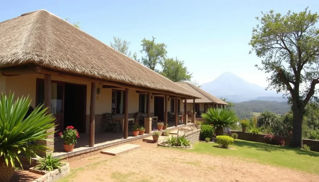 A comfortable lodge near Bishoftu with views of the surrounding landscape and Mount Zuqualla in the distance