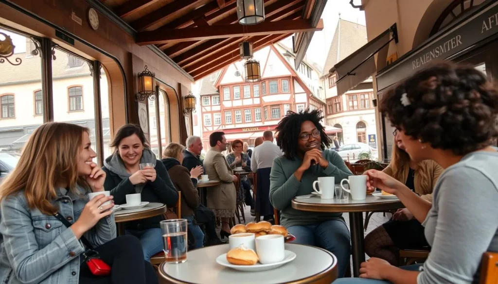 A cozy cafe in Regensburg's Old Town with tourists enjoying coffee and pastries