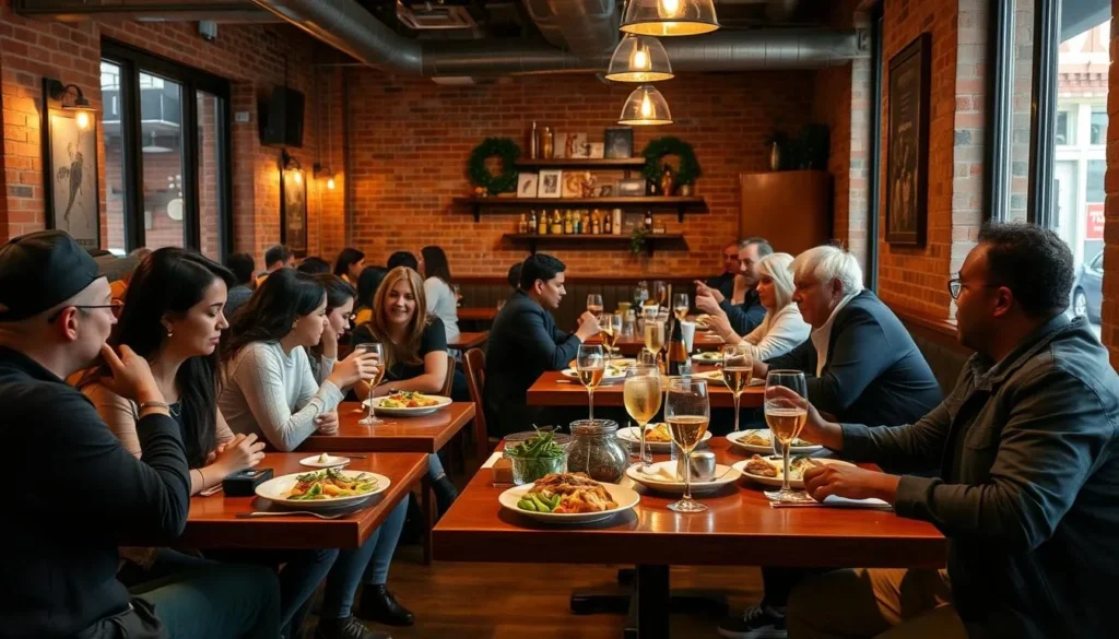 A cozy restaurant in downtown Norristown serving local cuisine with diners enjoying their meals A cozy restaurant in downtown Norristown serving local cuisine with diners enjoying their meals