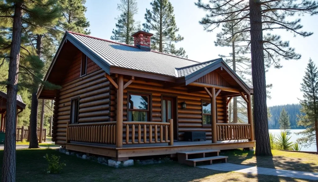A cozy wooden cabin accommodation near Lake Palkino surrounded by pine trees