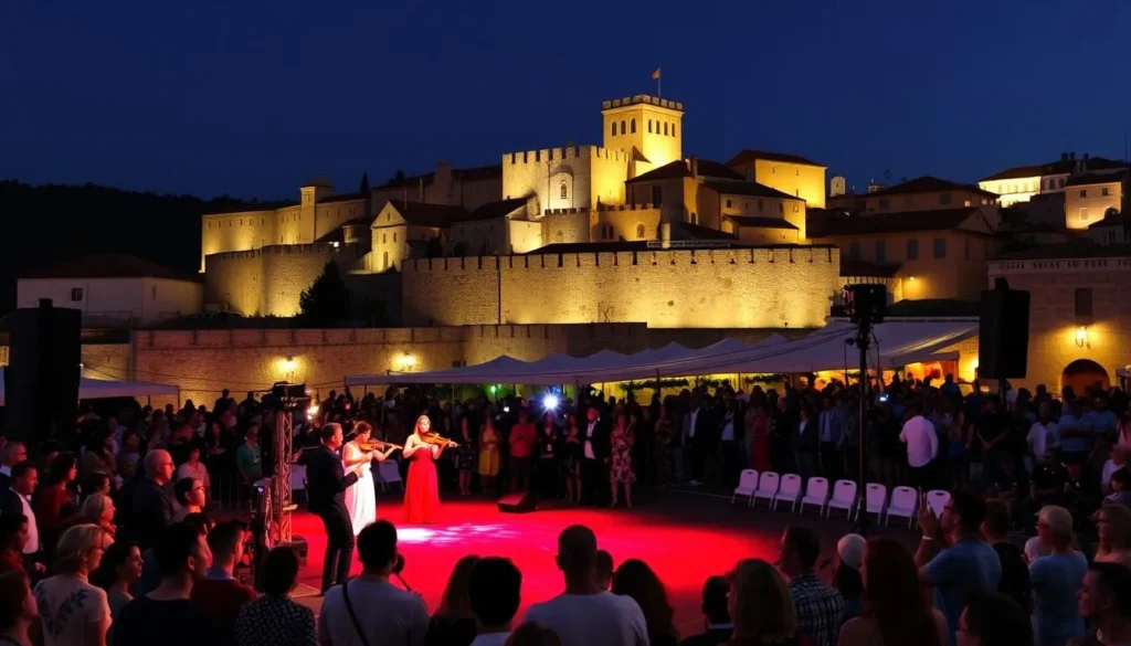 A cultural performance during the Dubrovnik Summer Festival with the illuminated Old Town as backdrop