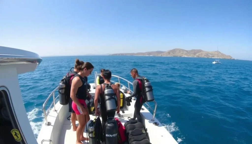 A dive boat approaching San Clemente Island with divers preparing their equipment on deck