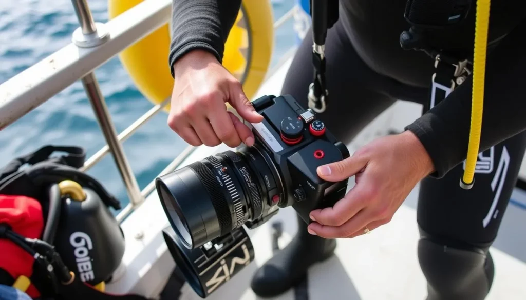 A diver preparing camera equipment with underwater housing for documenting marine life around San Clemente Island