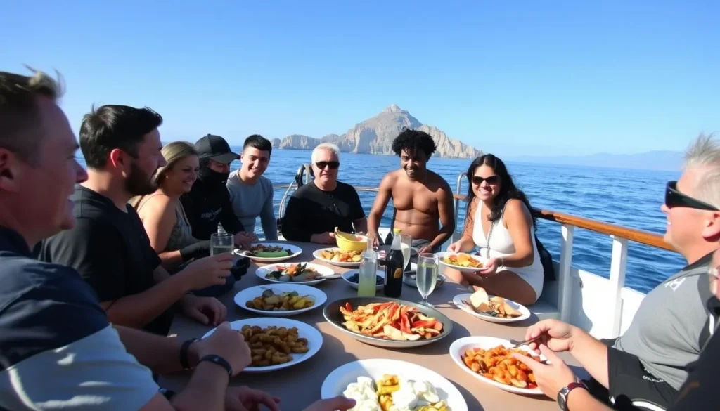 A diverse group of divers enjoying a meal on the deck of a liveaboard boat with San Clemente Island visible in the background