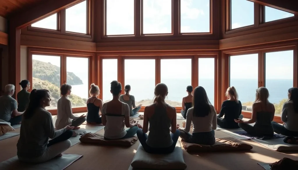 A diverse group participating in a workshop at Esalen with the ocean visible through large windows